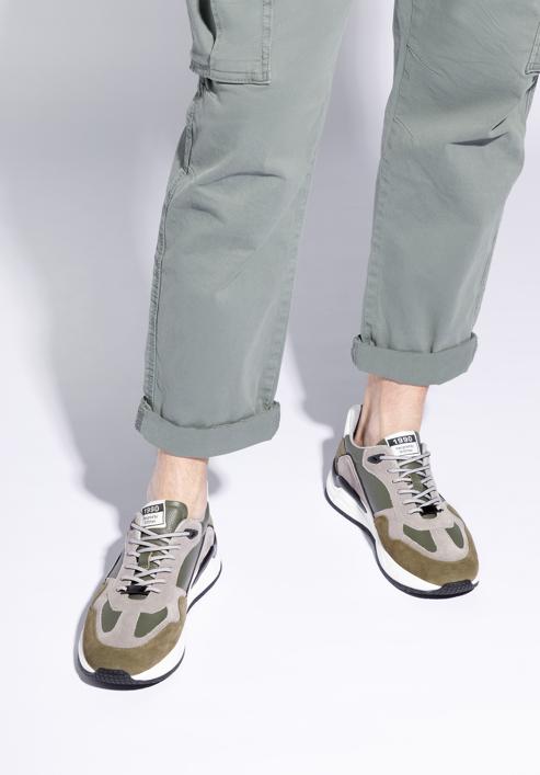Męskie sneakersy skórzane z zamszowymi wstawkami, zielono-szary, 96-M-950-8-45, Zdjęcie 15