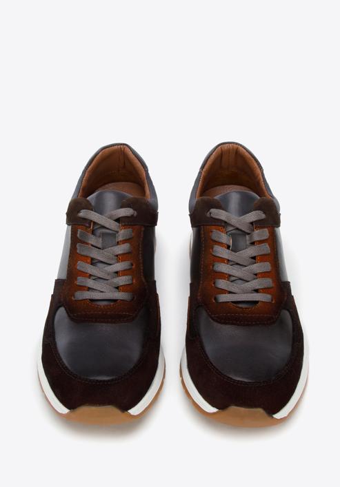 Męskie sneakersy z dwóch rodzajów skór cieniowane, brązowo-szary, 96-M-711-N-39, Zdjęcie 2