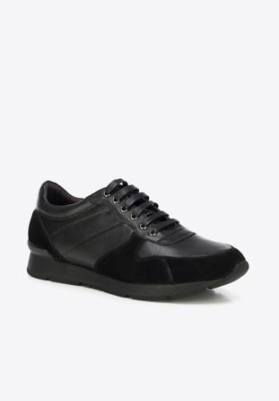 Men's nubuck and grain leather lace up trainers, black, 89-M-509-1-42, Photo 1