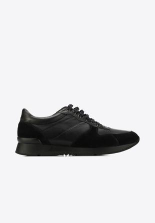 Men's nubuck and grain leather lace up trainers, black, 89-M-509-1-42, Photo 1