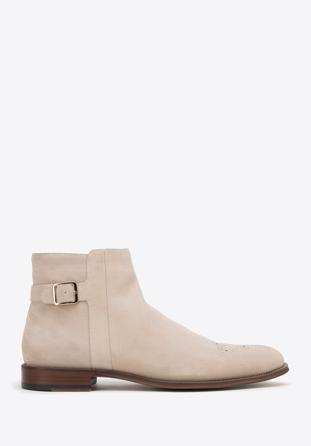 Men's suede Chelsea boots with decorative perforations, light beige, 98-M-703-9-42, Photo 1
