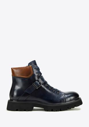 Men's leather boots with buckle detail, navy blue, 97-M-502-N-42, Photo 1
