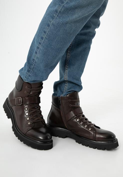 Men's leather boots with buckle detail, brown, 97-M-502-N-41, Photo 15