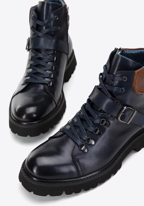Men's leather boots with buckle detail, navy blue, 97-M-502-N-39, Photo 7
