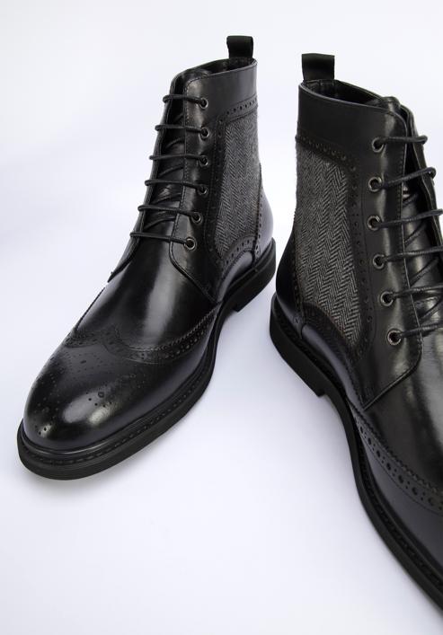 Men's leather brogue and fabric boots, black, 95-M-502-4-40, Photo 7