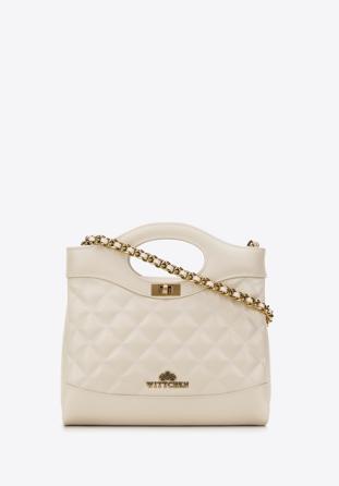 Quilted leather mini tote bag on chain shoulder strap, light beige, 98-4E-211-0, Photo 1