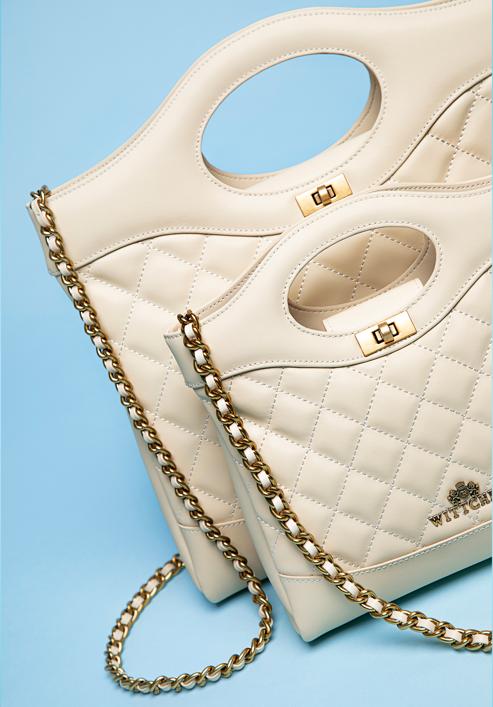 Quilted leather mini tote bag on chain shoulder strap, light beige, 98-4E-211-0, Photo 21