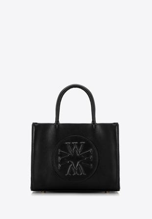 Faux leather tote bag with the embossed monogram, black, 98-4Y-306-1, Photo 1