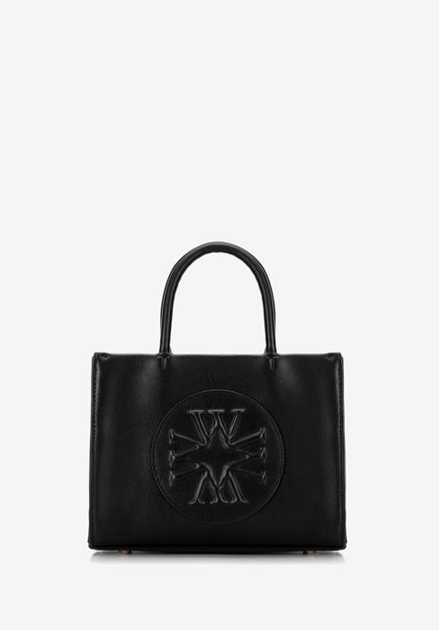 Faux leather tote bag with the embossed monogram, black, 98-4Y-306-P, Photo 1