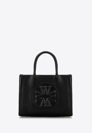 Faux leather tote bag with the embossed monogram, black, 98-4Y-306-1, Photo 1