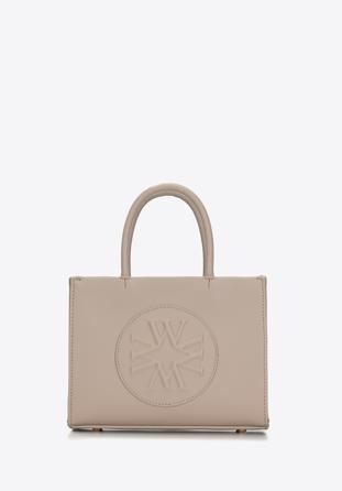 Faux leather tote bag with the embossed monogram, beige, 98-4Y-306-9, Photo 1
