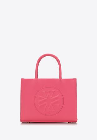 Faux leather tote bag with the embossed monogram, raspberry, 98-4Y-306-P, Photo 1