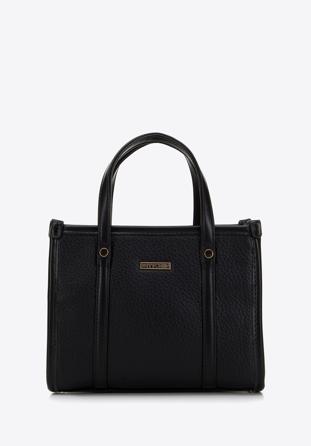 Faux leather mini tote bag with vertical stitching, black, 98-4Y-303-1, Photo 1