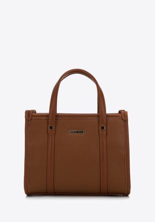 Faux leather mini tote bag with vertical stitching, brown, 98-4Y-303-5, Photo 1