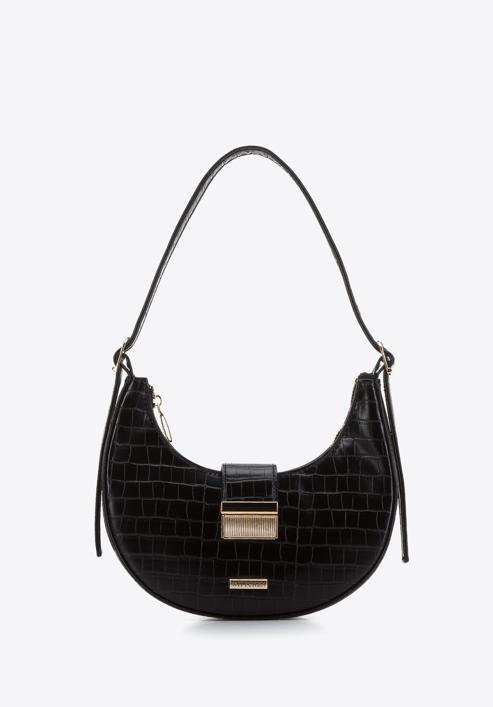 Croc print faux leather mini baguette bag, black, 97-4Y-208-1, Photo 1