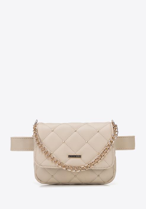 Women's quilted faux leather waist bag with studs, light beige, 96-3Y-226-P, Photo 1