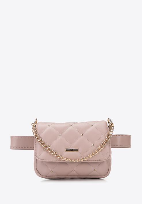 Women's quilted faux leather waist bag with studs, muted pink, 96-3Y-226-1, Photo 1
