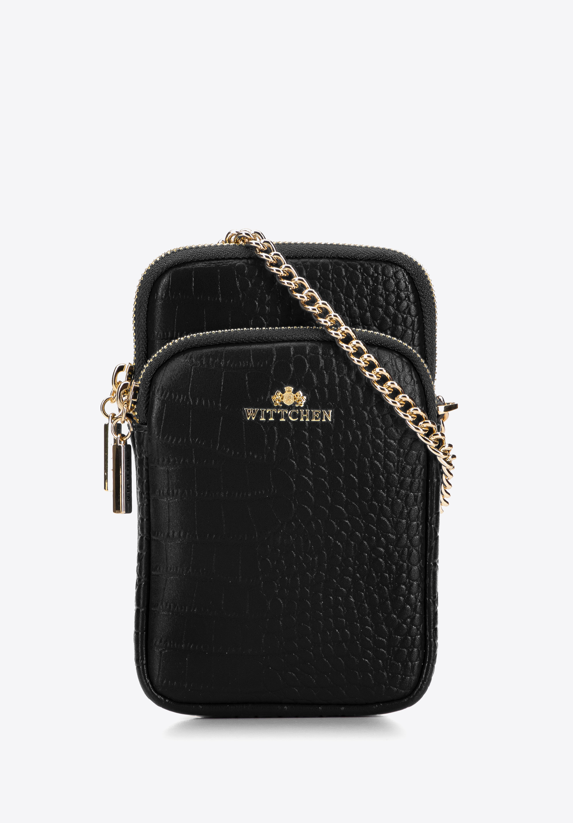 Leather mini purse with a front pocket, black-gold, 95-2E-664-1, Photo 1
