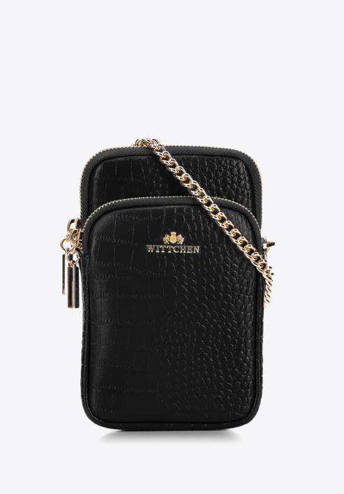 Leather mini purse with a front pocket, black-gold, 95-2E-664-V, Photo 1