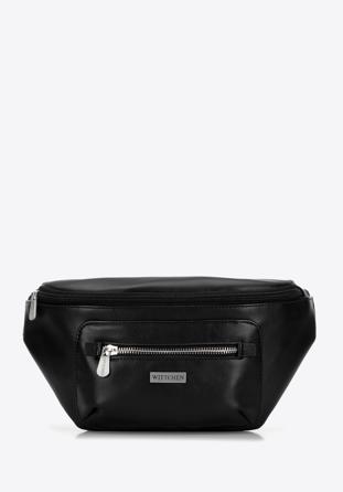 Men's faux leather waist bag with lustrous front zip, black-silver, 98-3P-504-1, Photo 1