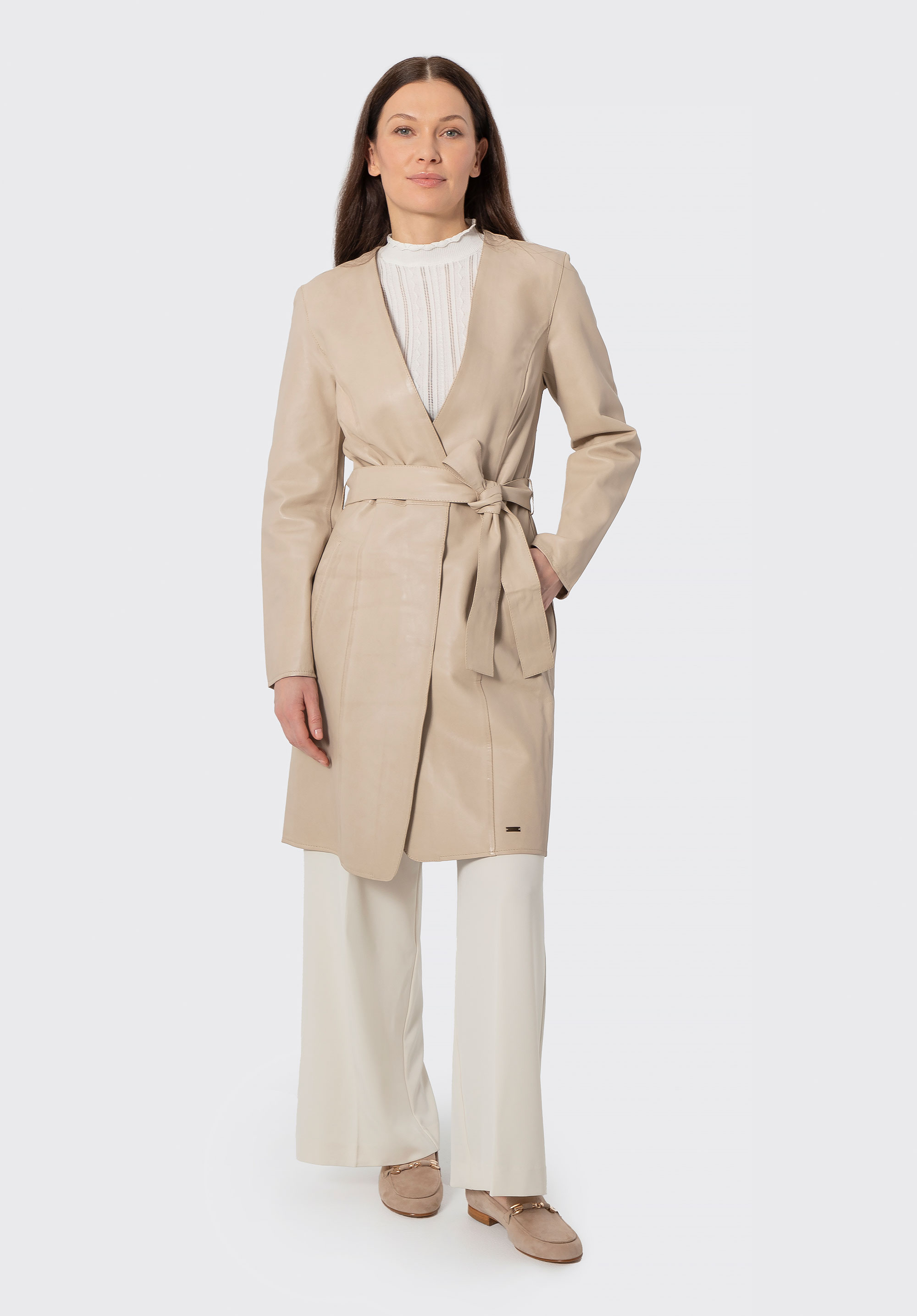 Women's leather belted coat, cream, 102-09-402-0-L, Photo 1