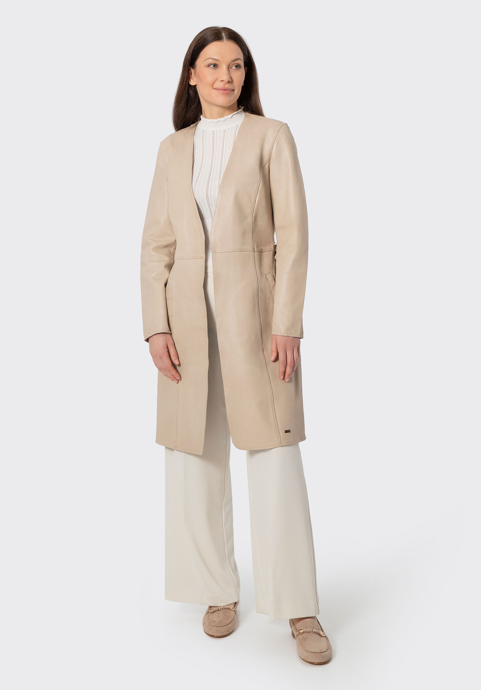 Women's leather belted coat, cream, 102-09-402-0-L, Photo 1