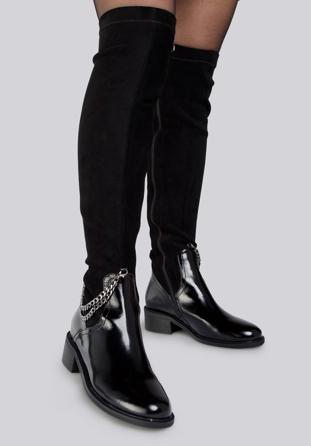 Leather knee high boots with chain detail, black, 93-D-504-1-38, Photo 1