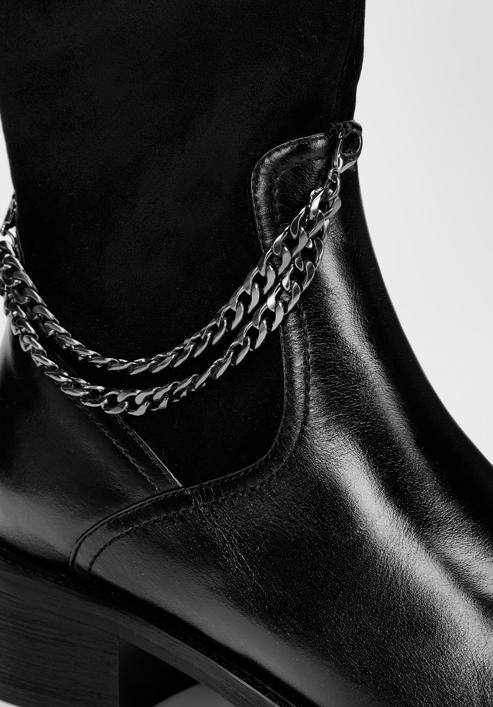 Leather knee high boots with chain detail, black, 93-D-504-1-38, Photo 4