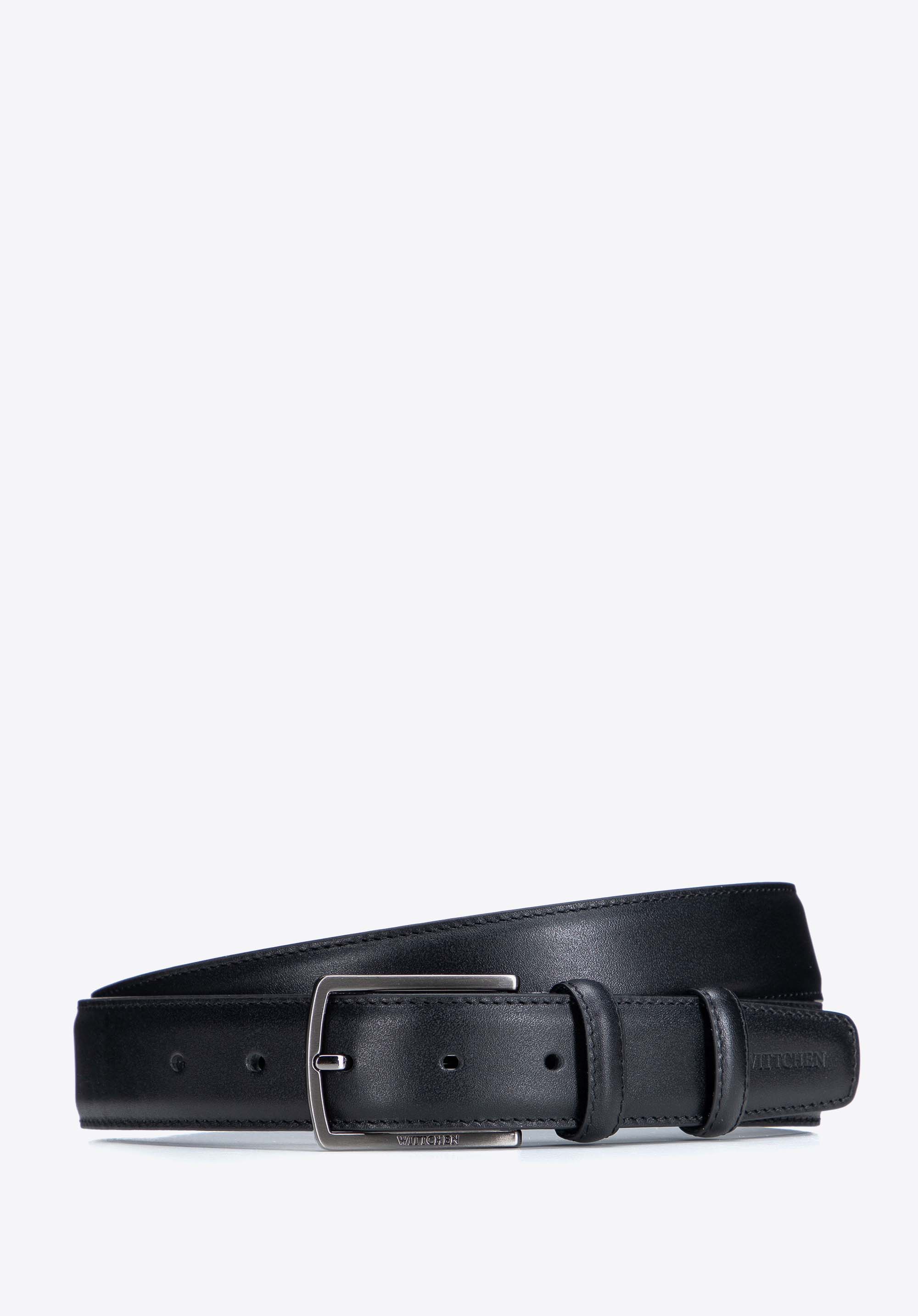 Męski skórzany pasek z elegancką metalową klamrą, czarny, 103-8M-213-1-90, Zdjęcie 1