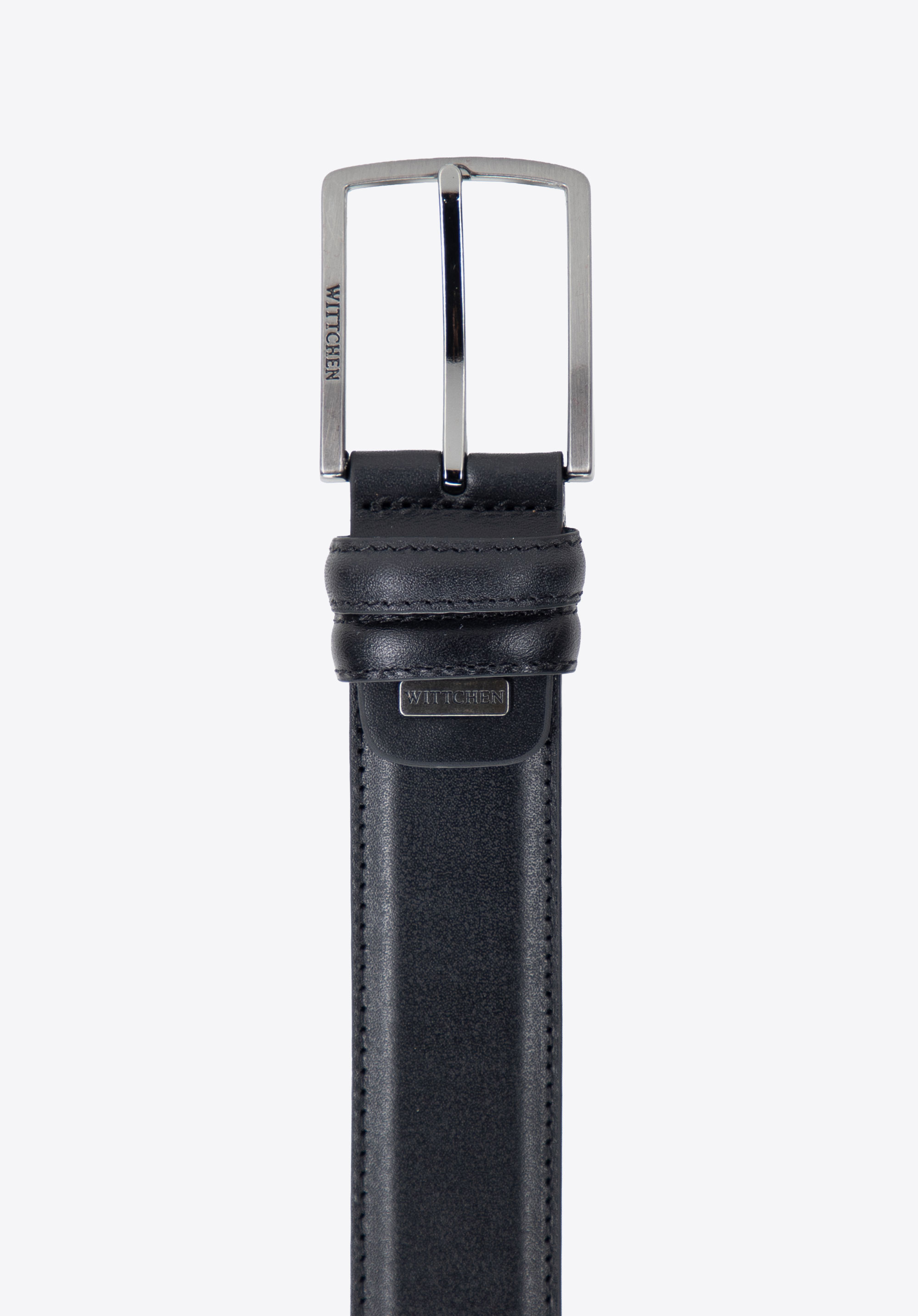 Męski skórzany pasek z elegancką metalową klamrą, czarny, 103-8M-213-1-90, Zdjęcie 1