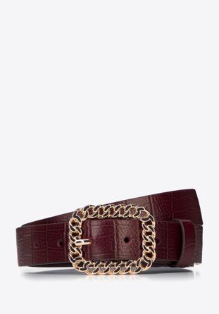 Women's croc-embossed leather belt, burgundy, 97-8D-927-3-M, Photo 1