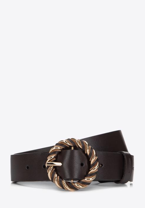 Women's leather belt with round braided buckle, dark brown, 98-8D-100-1-L, Photo 1