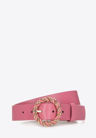 Women's leather belt with round braided buckle, pink, 98-8D-100-F-L, Photo 1