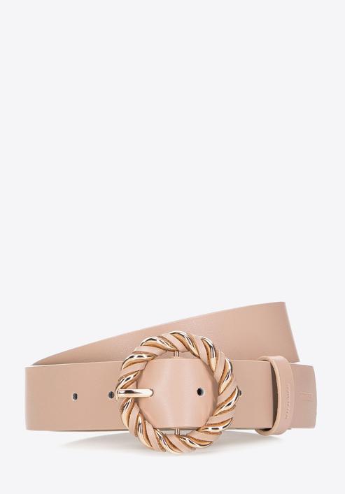 Women's leather belt with round braided buckle, beige, 98-8D-100-1-L, Photo 1