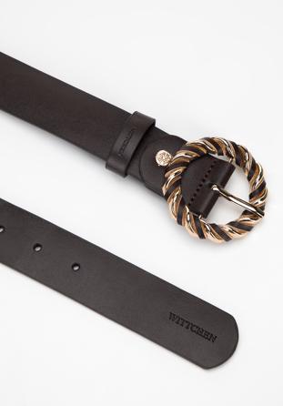 Women's leather belt with round braided buckle, dark brown, 98-8D-100-4-S, Photo 1