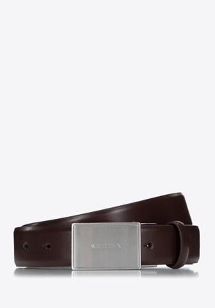 Men's leather belt with plate buckle, dark brown, 98-8M-115-4-90, Photo 1