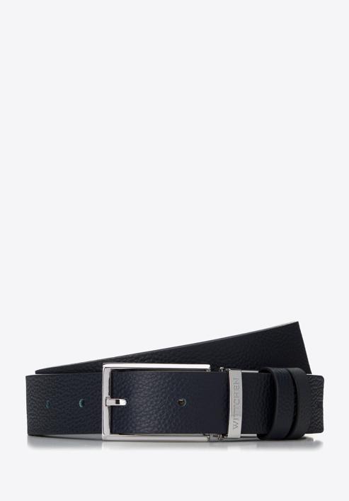 Men's reversible leather belt, navy blue-grey, 98-8M-120-17-90, Photo 1