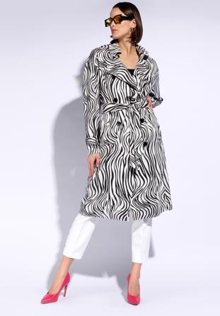 Women's double-breasted animal print trench coat, white-black, 96-9P-107-10-L, Photo 1
