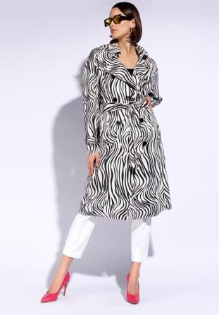 Women's double-breasted animal print trench coat, white-black, 96-9P-107-10-M, Photo 1