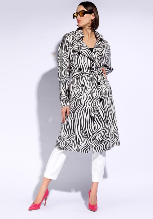Women's double-breasted animal print trench coat, white-black, 96-9P-107-10-S, Photo 1