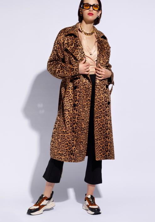 Damski płaszcz dwurzędowy w zwierzęce wzory, beżowo-brązowy, 96-9P-107-4-XL, Zdjęcie 2