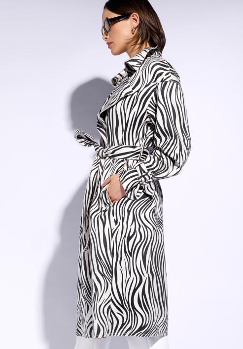 Women's double-breasted animal print trench coat, white-black, 96-9P-107-4-XL, Photo 3