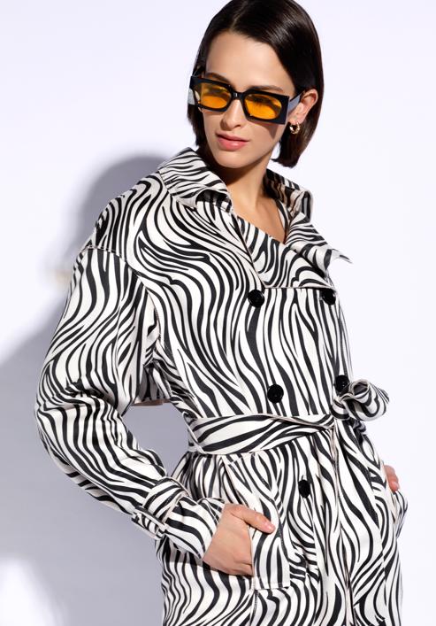 Women's double-breasted animal print trench coat, white-black, 96-9P-107-4-XL, Photo 4