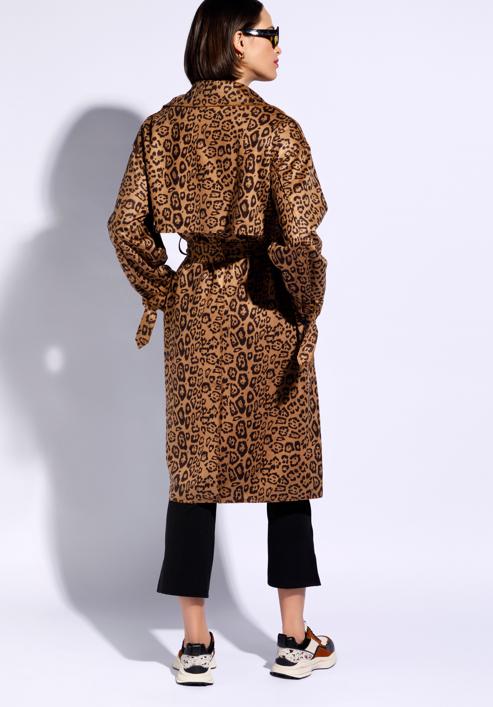 Damski płaszcz dwurzędowy w zwierzęce wzory, beżowo-brązowy, 96-9P-107-4-L, Zdjęcie 4