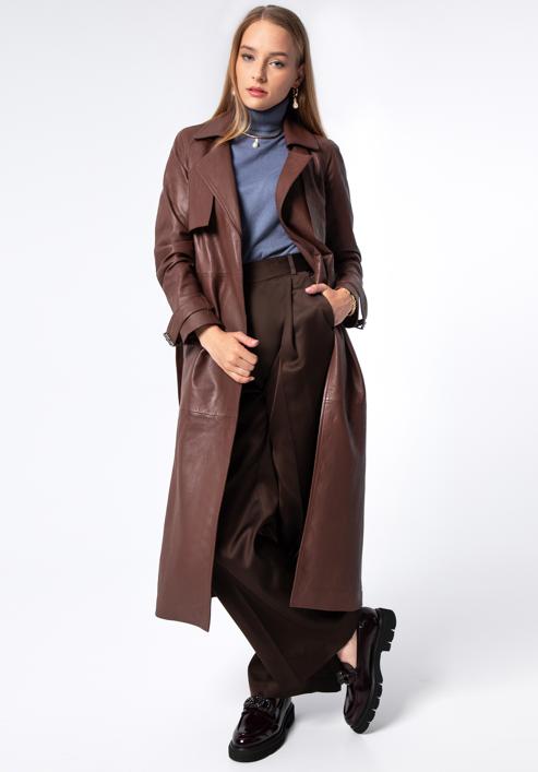 Damski płaszcz skórzany długi, bordowy, 97-09-200-1-S, Zdjęcie 1
