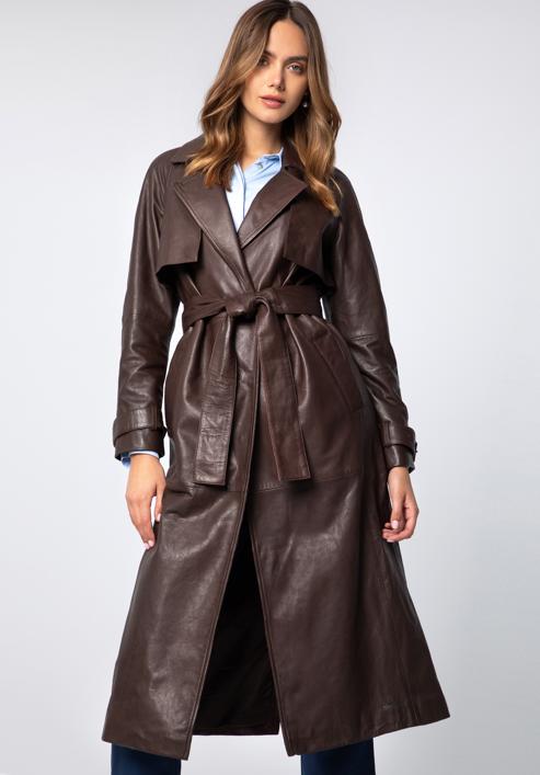 Women's leather long coat, dark brown, 97-09-200-3-M, Photo 1