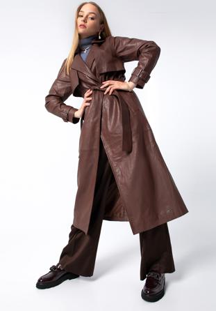 Damski płaszcz skórzany długi, bordowy, 97-09-200-3-M, Zdjęcie 1