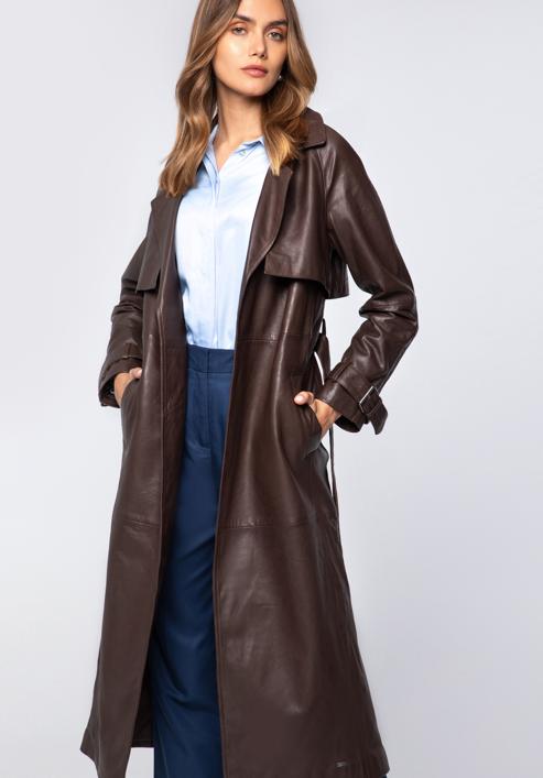 Women's leather long coat, dark brown, 97-09-200-3-M, Photo 2