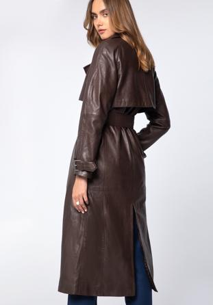 Damski płaszcz skórzany długi, ciemny brąz, 97-09-200-4-L, Zdjęcie 1
