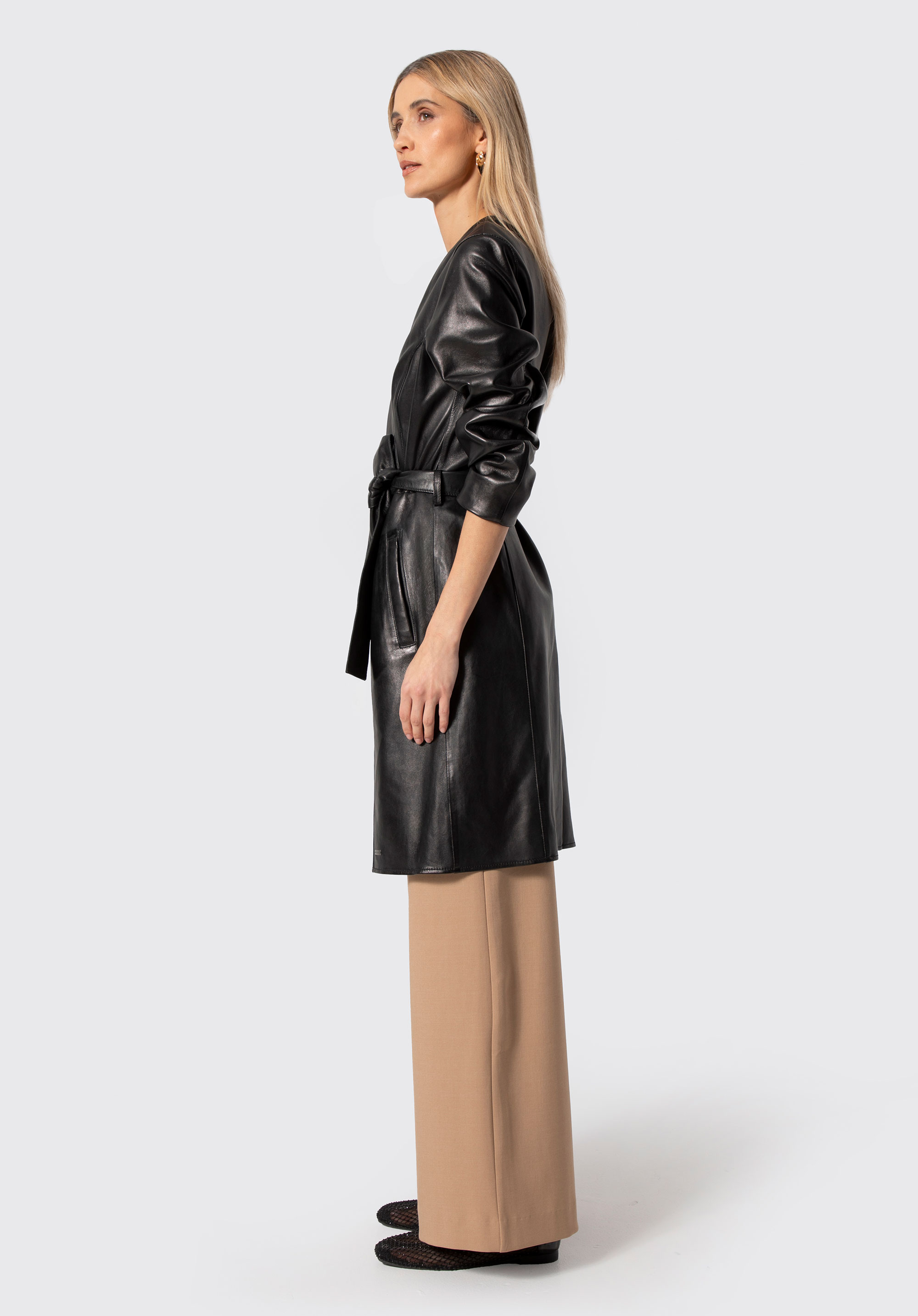 Women's leather belted coat, black, 102-09-402-1-XL, Photo 1